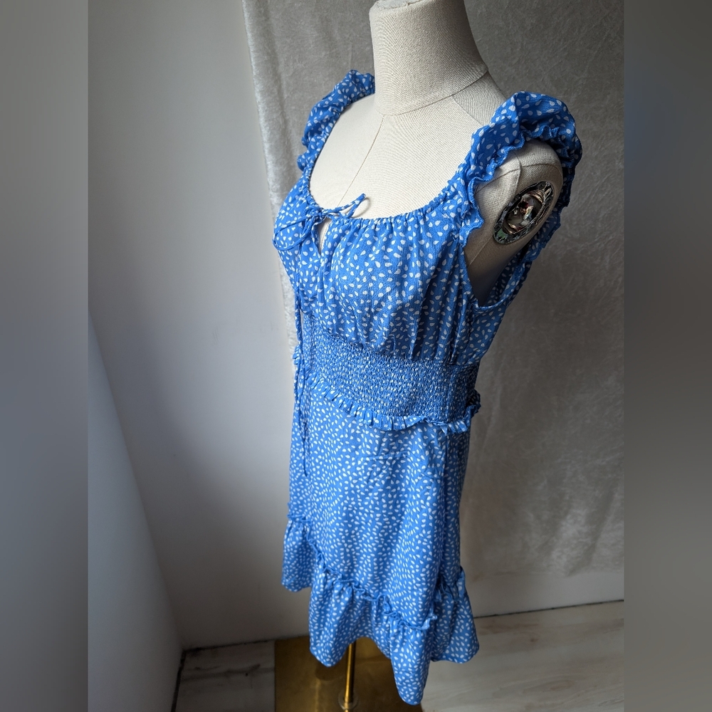 Blue Polka Dot Ruffle Dress Sweetheart Nick Front Tie Elastic Waist Elastic
